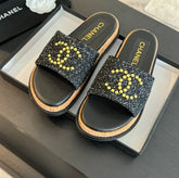 Double C Wood Grain Platform Slippers Black Wool